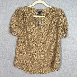 Jones New York Top XS Tan Ruched Puff Sleeve‎ Animal Career Church Twee Neutral